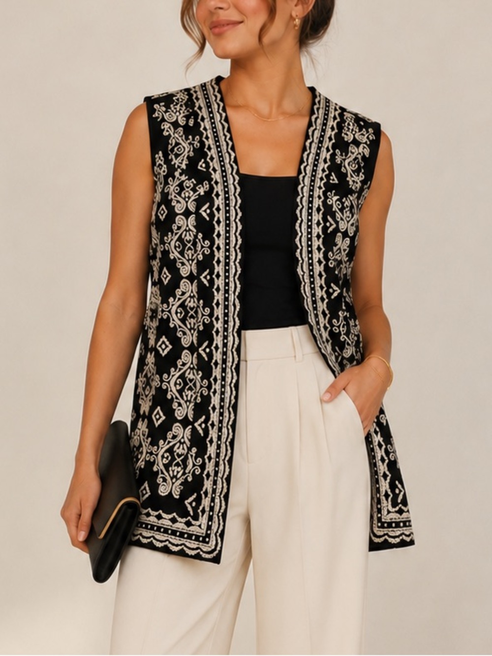 Vintage long Black Sleeveless Embroidered vest & Cream Scrollwork Size Medium
